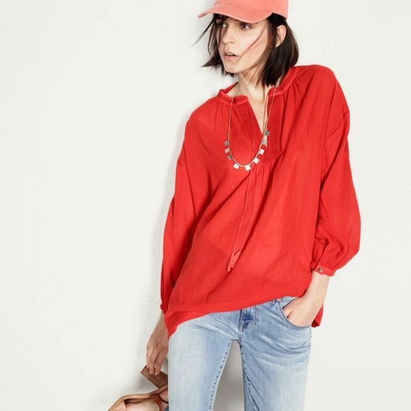 boho peasant tunic red top blouse popover XXS XS - Picture 1 of 12